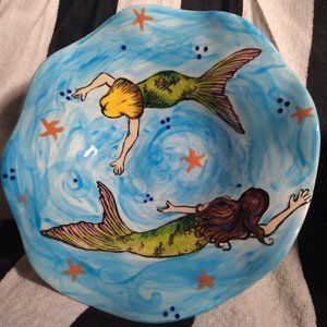 Custom Handpainted Ceramic Mermaid Sisters Compote Bowl / Artist signed